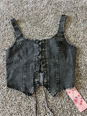 Black Washed Denim Lace-Up Crop Top